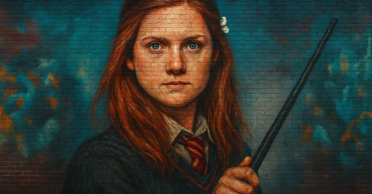 A mural of Ginny Weasley holding her wand in front of her with her long red hair and Gryffindor uniform visible against a teal and orange brick background