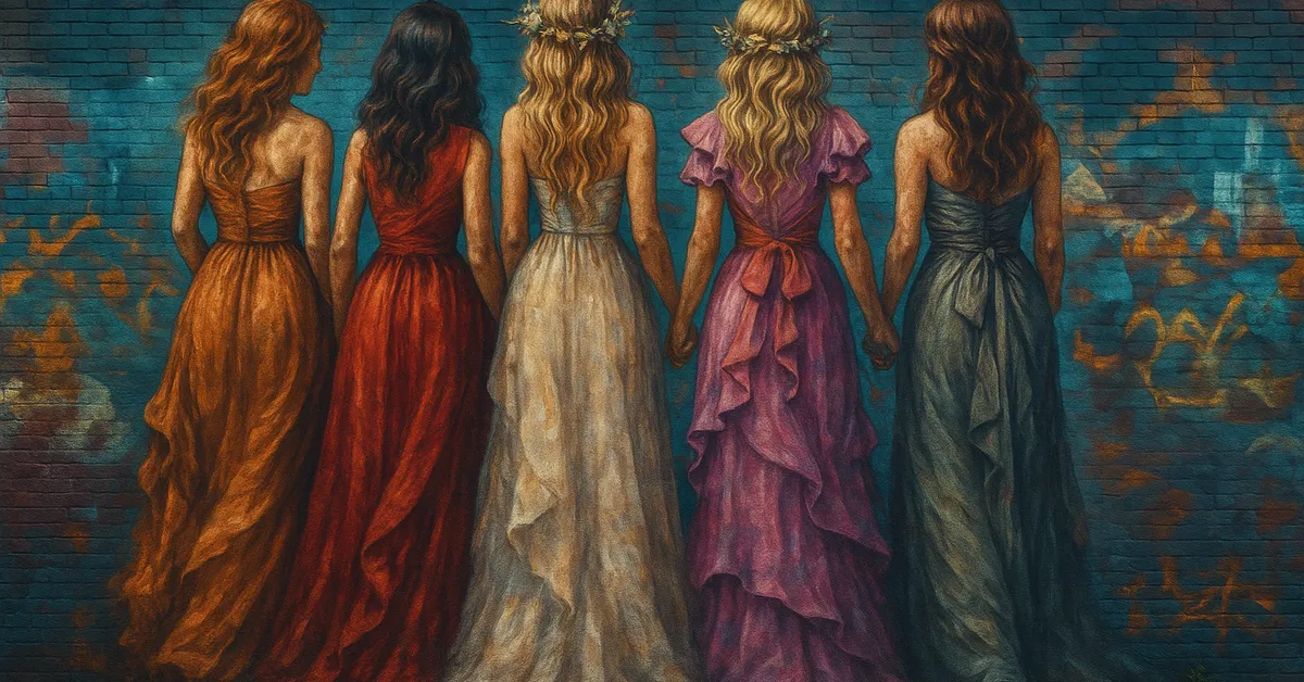A mural of five girls standing hand in hand with their backs turned each wearing a different long flowing Yule Ball gown in warm and pastel colors