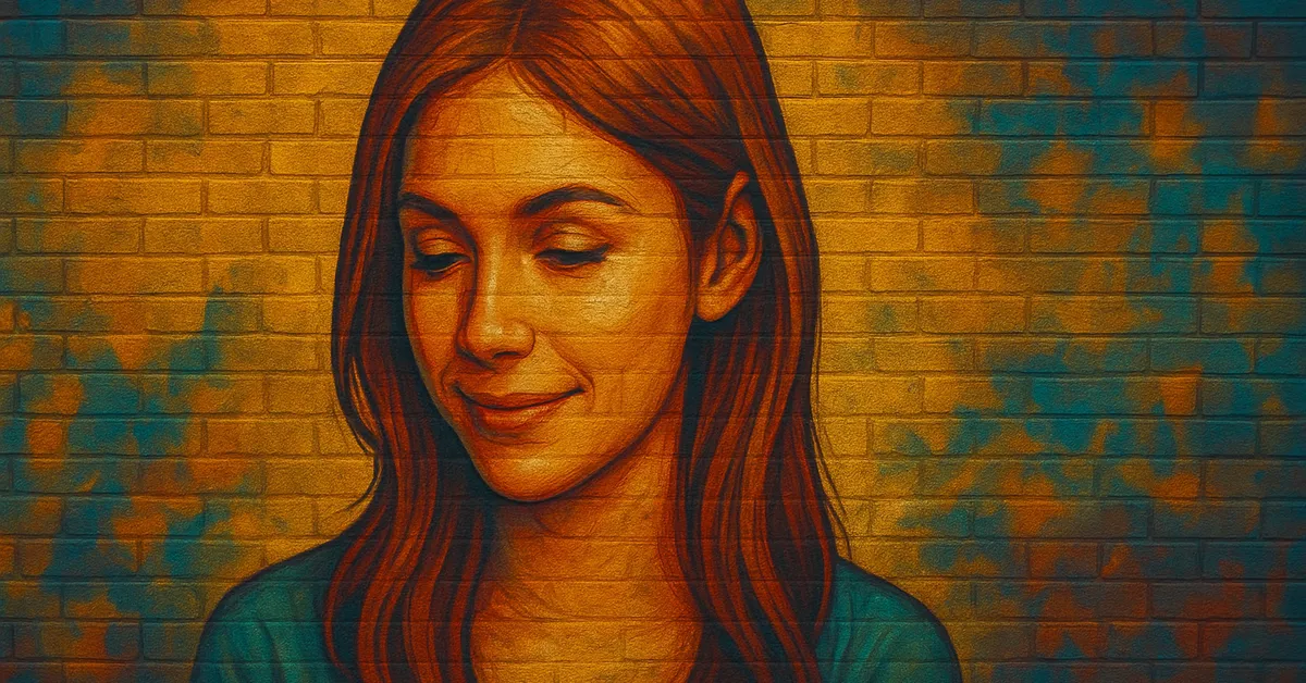 painting of Gladys Gudgeon as a smiling woman with long wavy hair looking bashful representing Gilderoy Lockhart's most devoted fan on a brick surface
