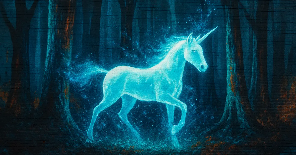 A mural of a glowing blue unicorn Patronus trotting through a dark forest with mist swirling around its hooves and mane