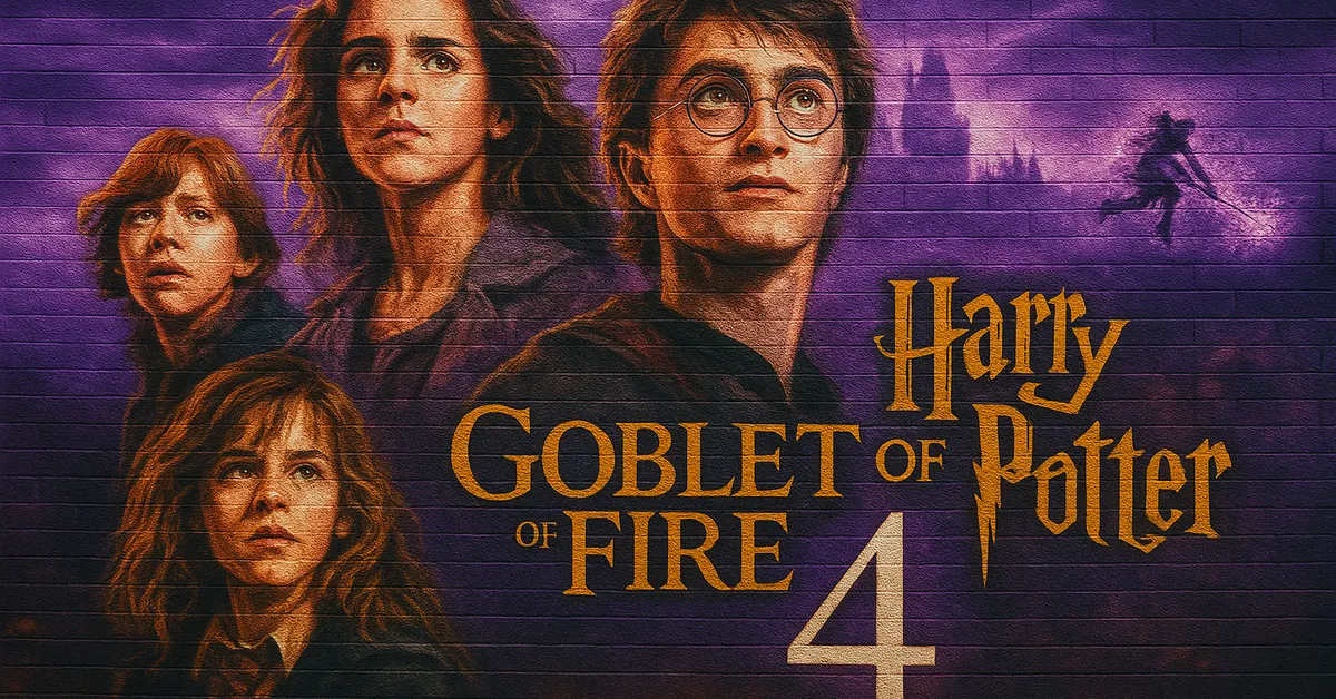 a mural of harry ron and hermione against a purple sky with the number four marking the story�s fourth film and depicting the triwizard tournament arc