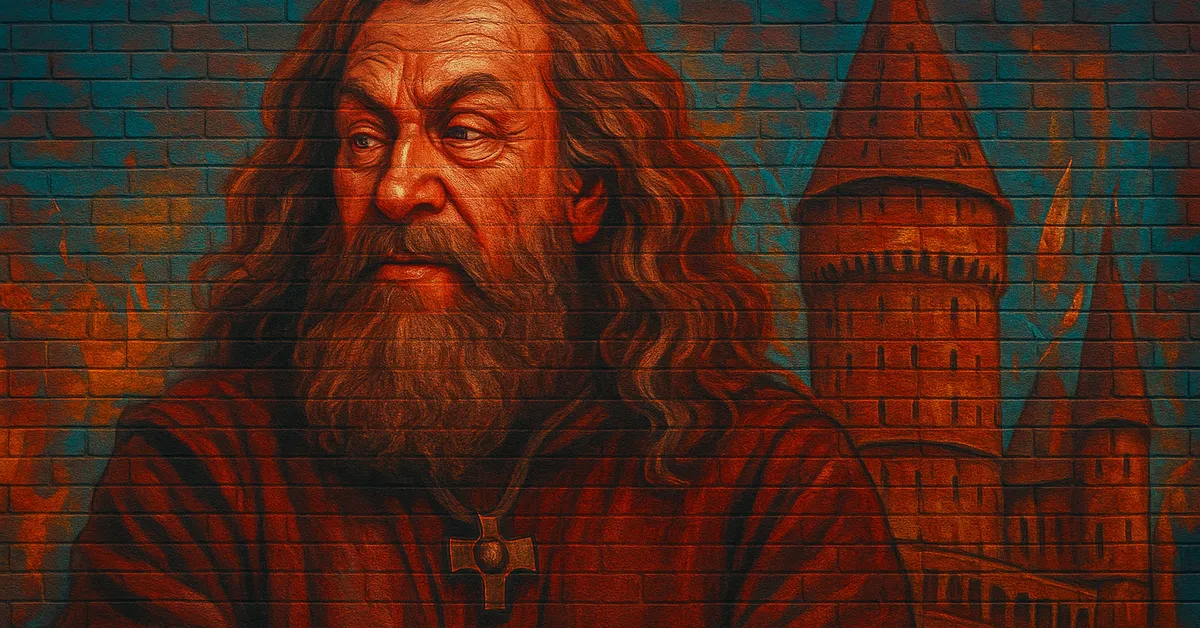 mural of Godric Gryffindor portraying a fierce warrior wizard with a wild mane and beard standing before the towers of Hogwarts castle