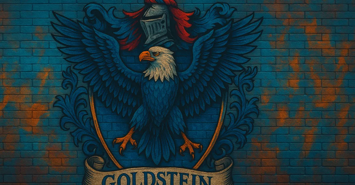 graffiti mural of the Goldstein Family crest displaying a majestic blue eagle with a white head beneath a knight's helmet with red plumage