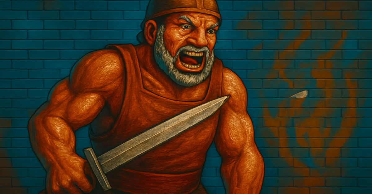 graffiti mural of a muscular bearded giant wielding a sword with an angry expression against a blue brick wall