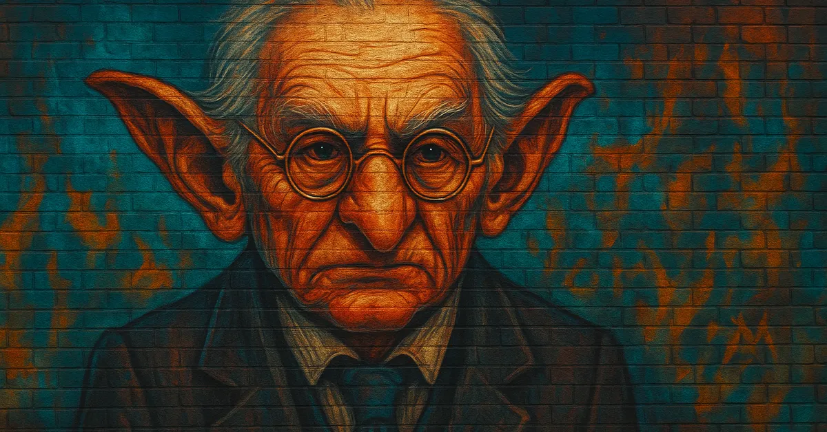 hyper-realistic street art of Gornuk The Goblin depicting an elderly goblin with large ears and round spectacles wearing a formal suit and tie