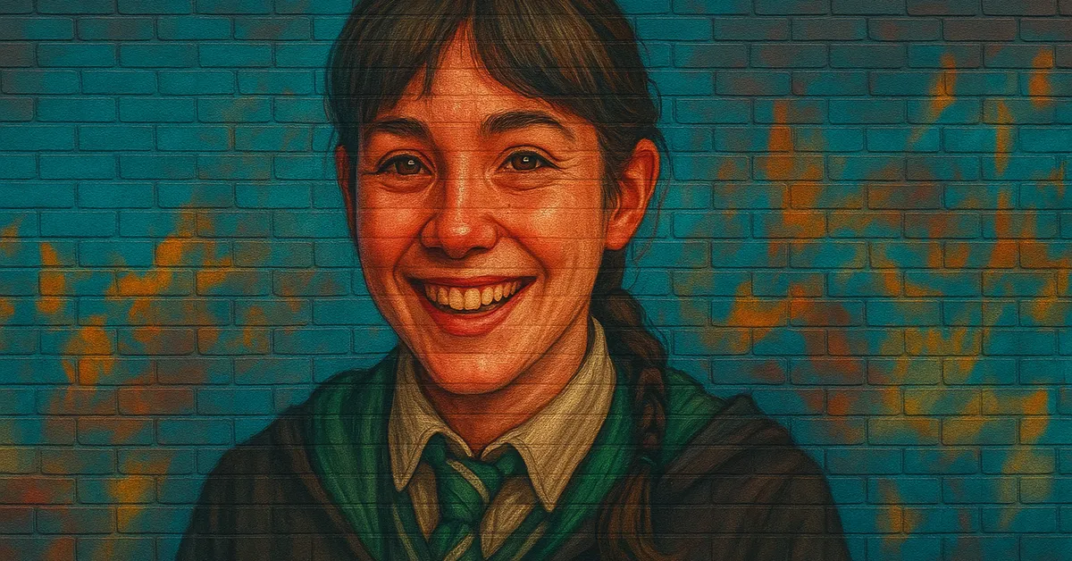 graffiti portrait of Grace Pinch-Smedley as a young witch with a bright smile and braided hair wearing a Slytherin school uniform