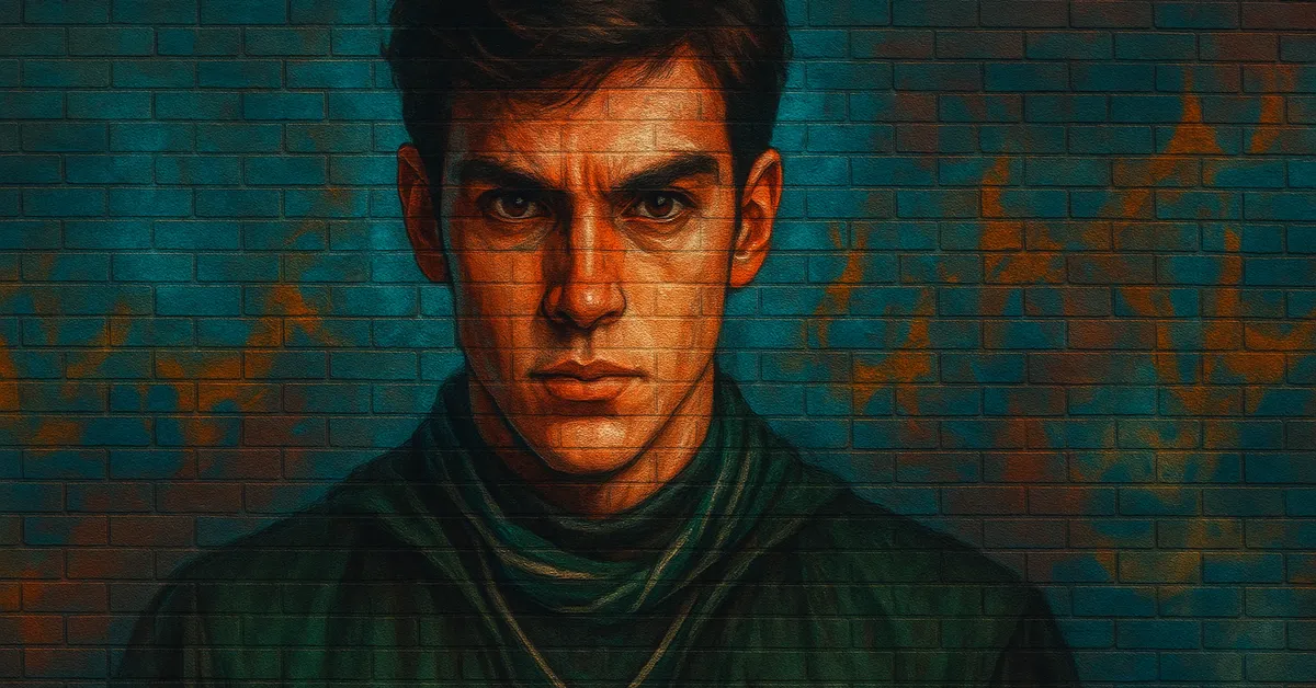 mural of Graham Montague featuring a young wizard with an intense gaze and dark hair wearing Slytherin Quidditch robes against a blue brick background