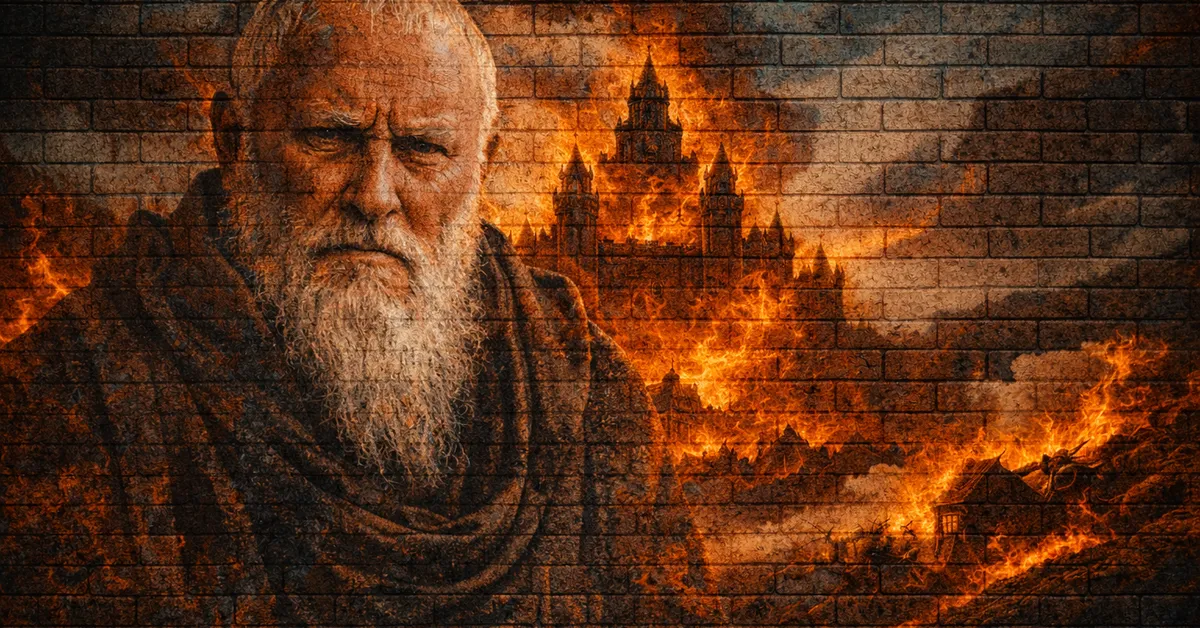 Grand Maester Pycelle looks sad and soft faced as behind him a castle and house burn with a might not seen