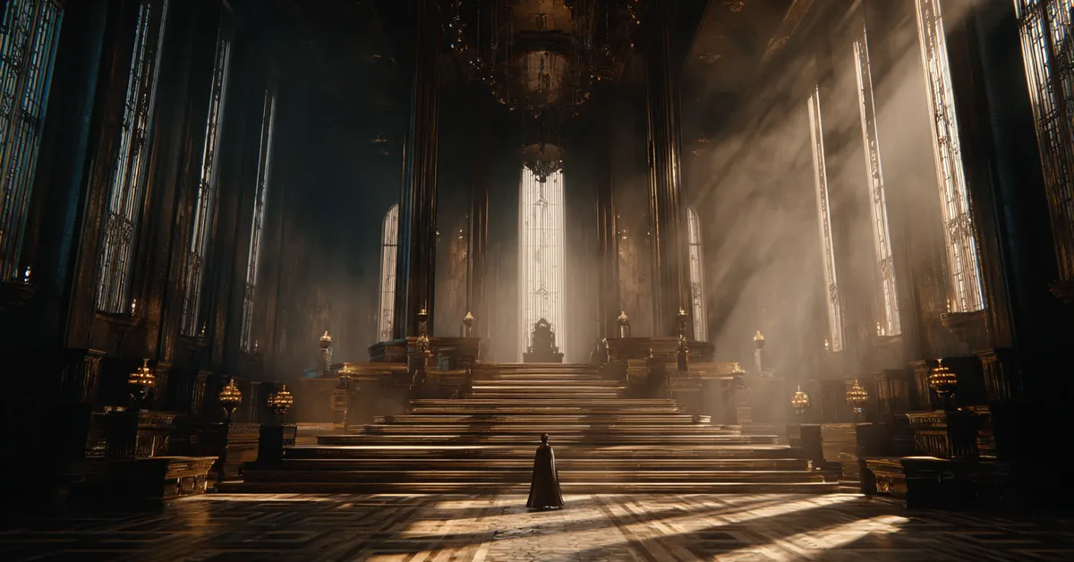 A lone figure stands in the center of a sun-drenched grand throne room facing elevated judges in a scene visualizing the high-stakes political trials of the capital