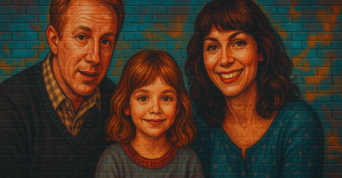 hyper-realistic mural of the Granger Family showing a smiling young Hermione with bushy hair standing between her dentist parents in casual muggle clothing
