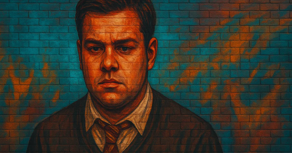 graffiti portrait of Grant Page depicting a man with a solemn expression wearing a school sweater and tie looking downward on a textured wall