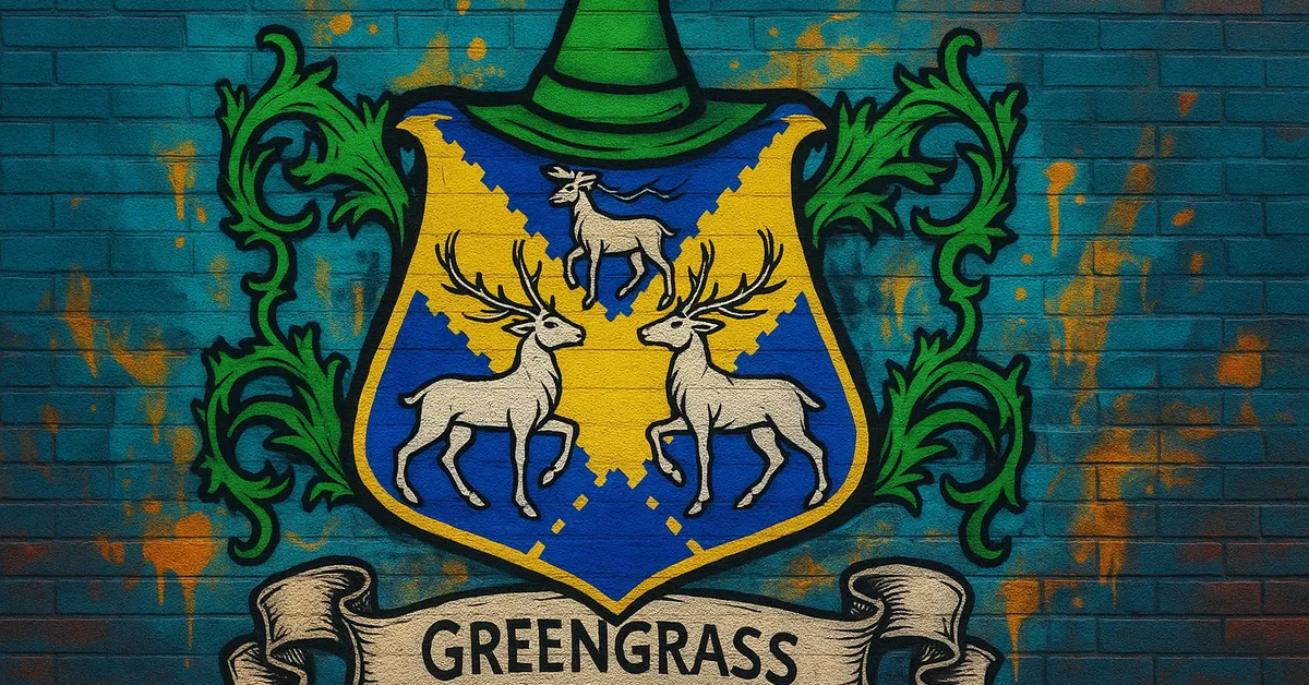 graffiti mural of the Greengrass Family crest featuring three white stags on a blue and gold shield topped with a green witch's hat