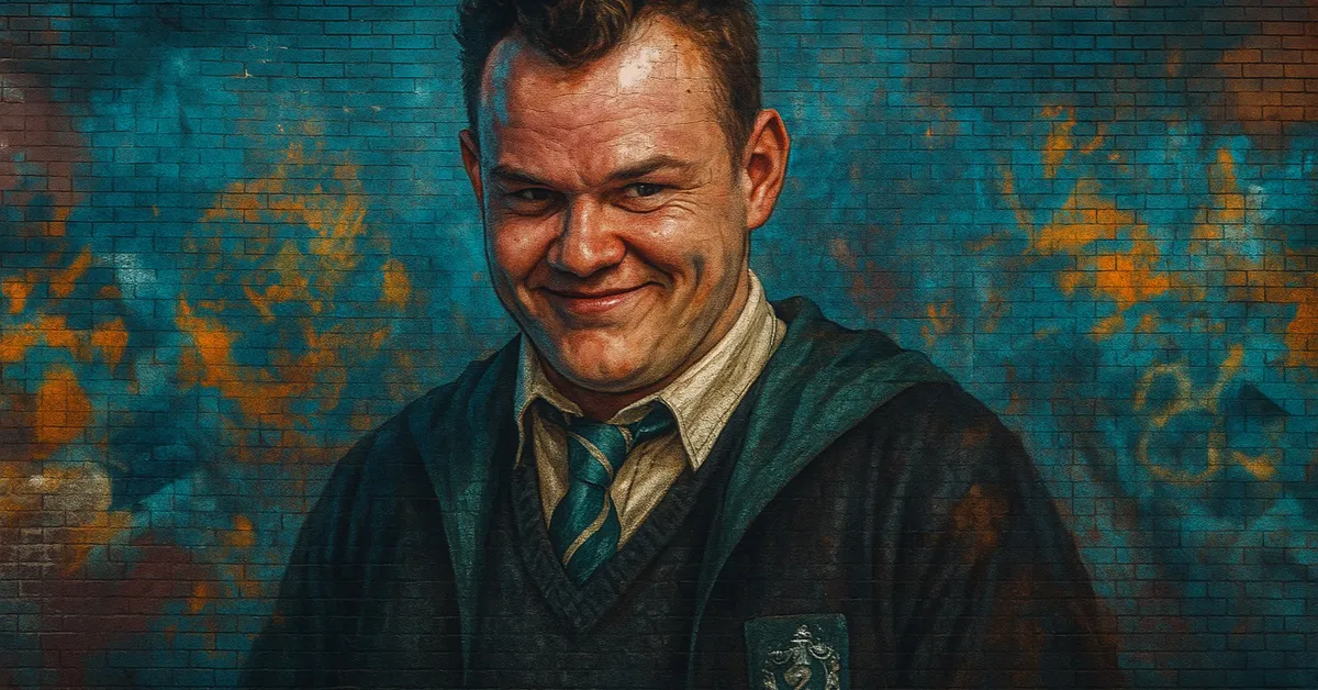 street art portrait of Gregory Goyle showing a burly student with short hair and a smug grin wearing a Slytherin uniform and crest