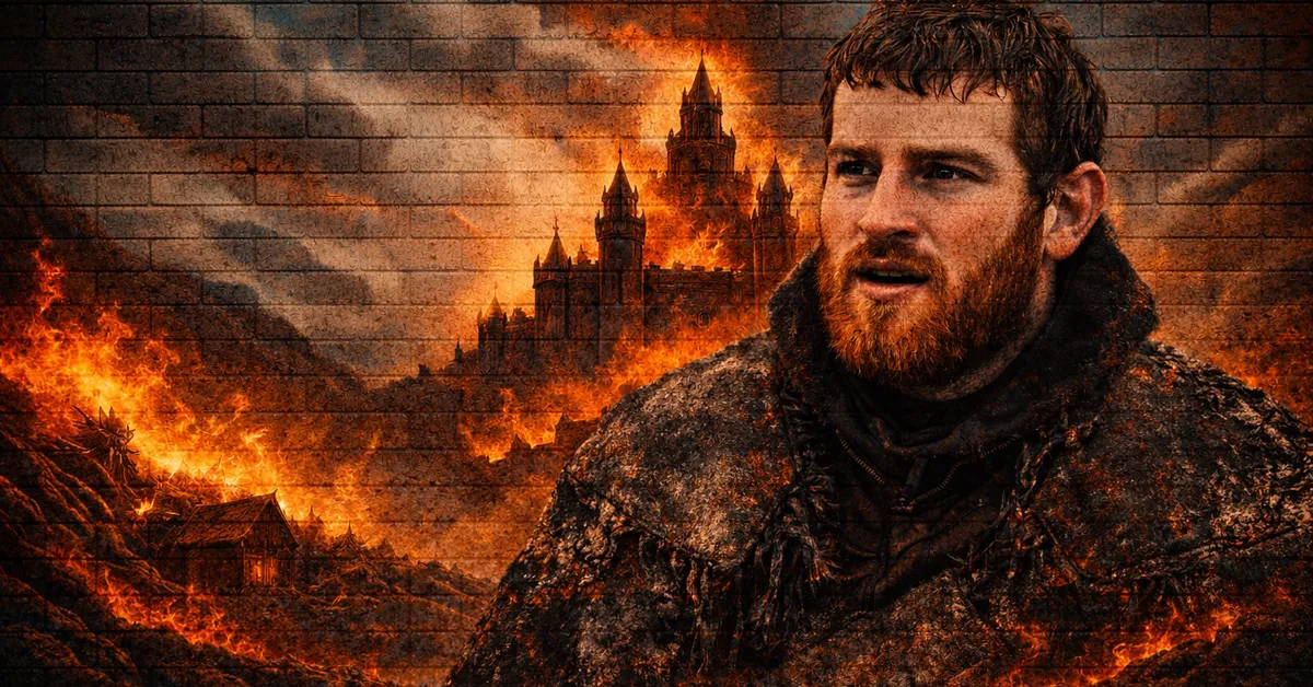 Grenn stands covered in snow, his hair wet and face sad from war. The castle and land behind him lights up with large and firece flames