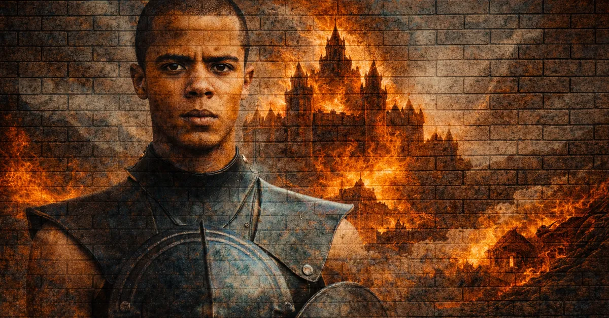 Grey Worm stands ready to battle, helmet in hand, eys forward ready as behind him a kingdom burns that he destroyed