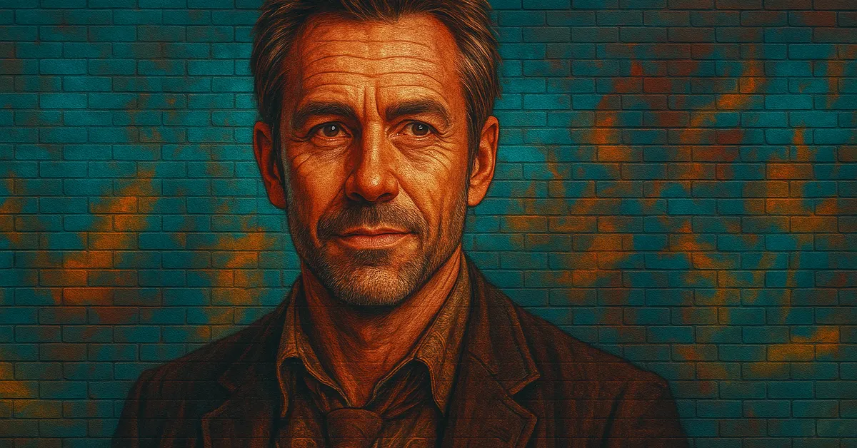 hyper-realistic painting of Grim Fawley depicting a handsome wizard with a short beard and intense gaze wearing a dark coat on a brick background