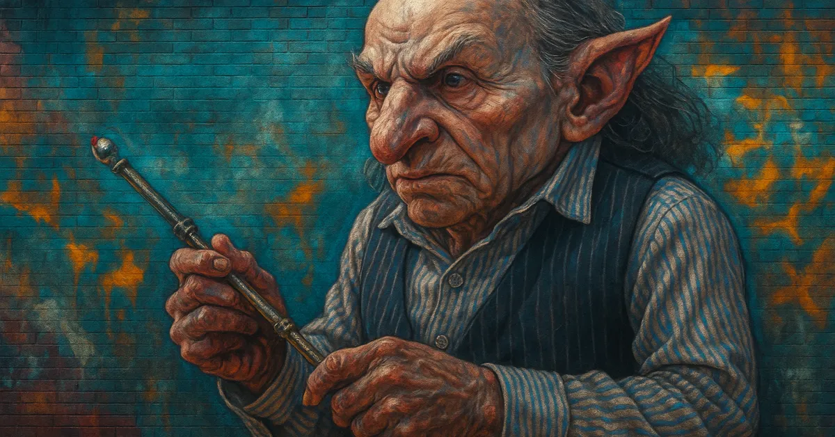hyper-realistic street art of Griphook The Goblin depicting an elderly goblin with large pointed ears and round spectacles holding a sharp tool with a calculating expression