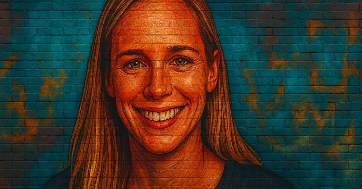 graffiti portrait of Griselda Marchbanks featuring a smiling elderly witch with deep laugh lines and long blonde hair representing the formidable examiner