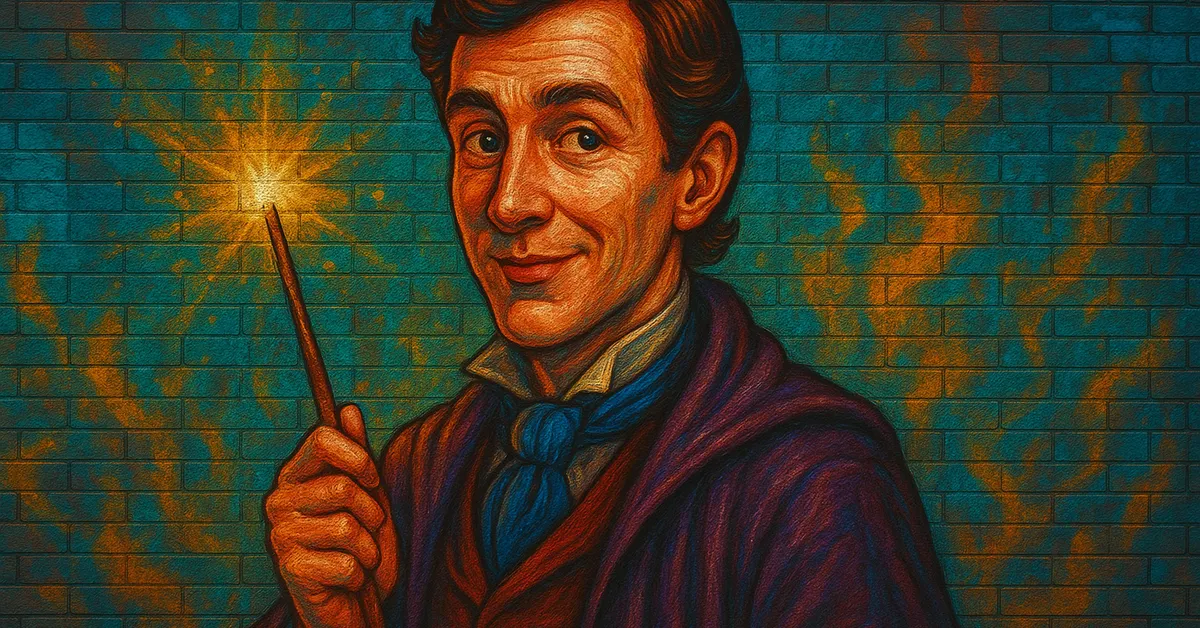 mural of Grogan Stump showing a wizard in period clothing smiling warmly while holding a wand emitting a bright spark of light on a brick wall