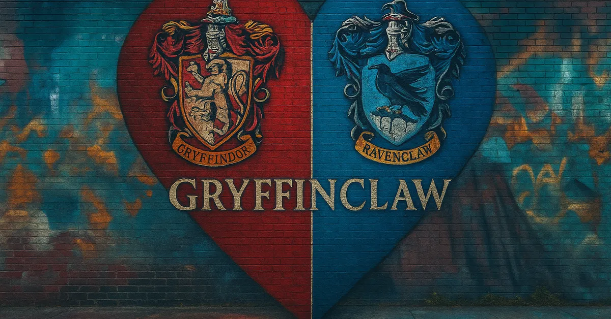 A mural of a split heart showing the Gryffindor crest on the red side and the Ravenclaw crest on the blue side with the word GryffinClaw below