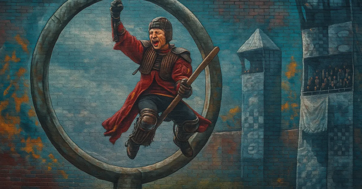A mural of a Gryffindor Quidditch player in red robes flying through a hoop and cheering with towers and a crowd in the background
