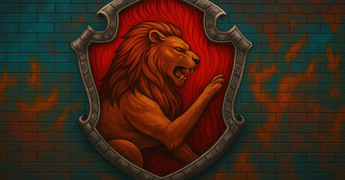 A mural of the Gryffindor crest featuring a roaring lion inside a silver frame on a red brick wall