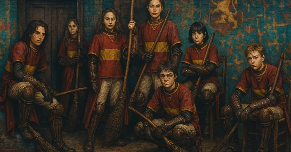 A mural of the Gryffindor Quidditch team standing and sitting with brooms in red and gold uniforms including Harry at the center holding his broom