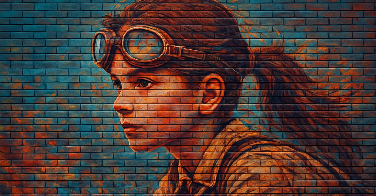 graffiti portrait of Gwenog Jones showing a determined witch in profile with leather flight goggles resting on her forehead representing the Holyhead Harpies captain