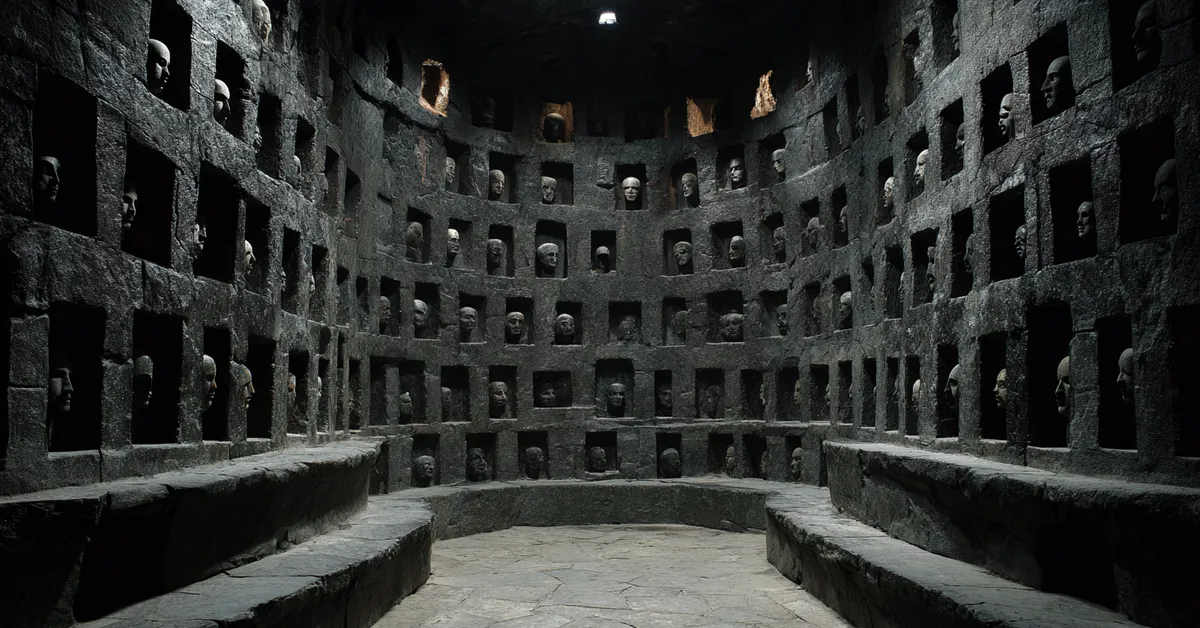 Hundreds of cured skin masks rest in stone alcoves within a vast dimly lit chamber recalling the eerie Hall of Faces in Braavos