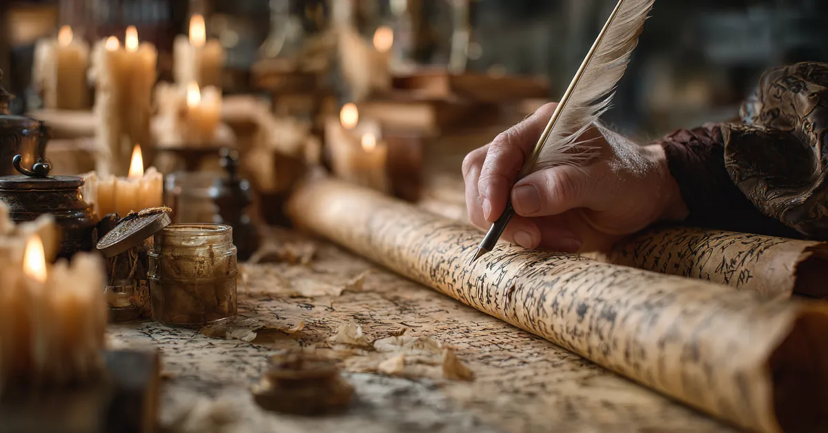 A weathered hand uses a quill pen to write calligraphy on ancient parchment amidst dusty scrolls in a dim library like a maester recording lineage