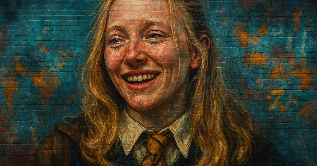 graffiti portrait of Hannah Abbott depicting a cheerful young witch with long blonde hair and a bright smile wearing a yellow and black Hufflepuff tie on a textured wall