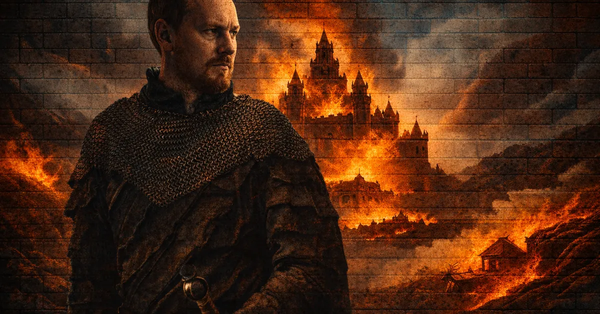 Harald Karstark stands defiant as his castle is overun and burned in the background