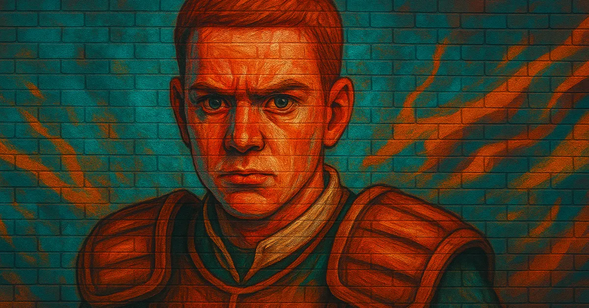 street art mural of Harold Dingle featuring a serious boy with short hair wearing reddish leather protective pads on his shoulders against a blue brick background