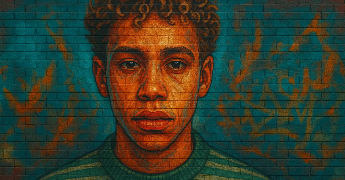 hyper-realistic painting of Harper showing a young wizard with curly hair and a focused expression wearing a green striped shirt representing the Slytherin Quidditch team