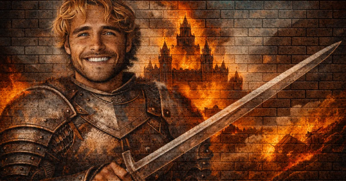 Harrold Hardyng stands smiling with sword in hand, oblivious to the fire behind him