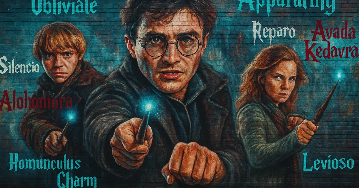 A mural of Harry Potter casting a bright white beam of magic from his wand with his arm stretched forward and a tense expression on his face