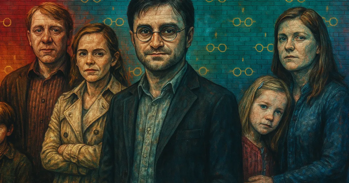 A mural of adult Harry Hermione and Ron standing with their families against a brick wall decorated with repeated glasses silhouettes signaling the next generation of the Harry Potter story