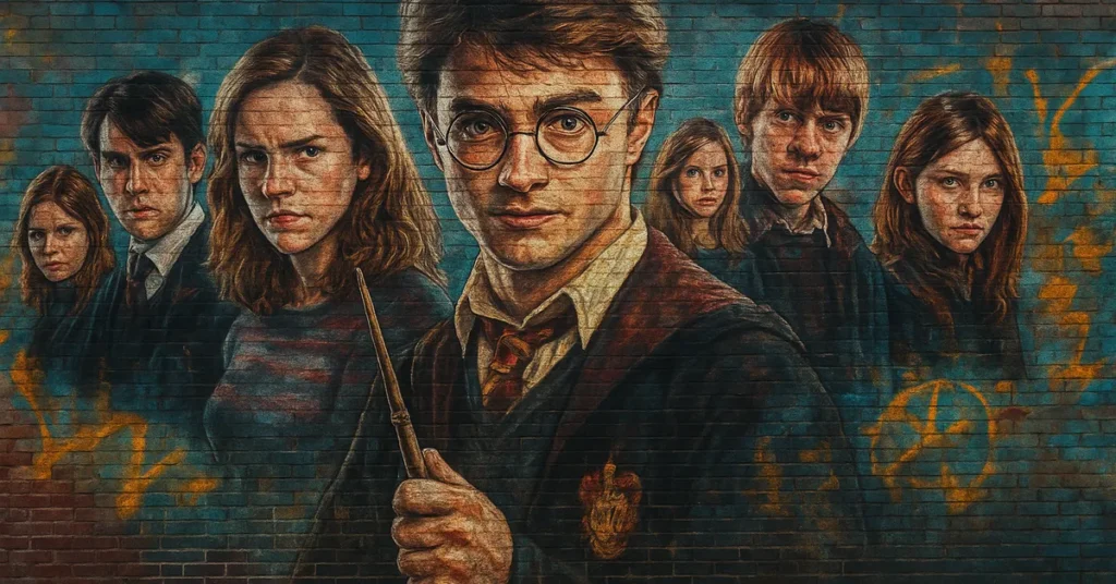 A mural featuring Harry Hermione Ron and several other Hogwarts students standing in a tense formation with Harry holding his wand forward