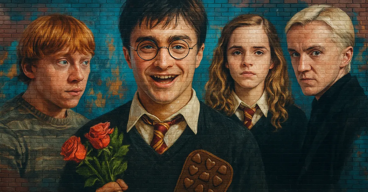 A mural of Ron Weasley watching Harry Potter who is smiling and holding a bouquet of roses and a chocolate bar while Hermione and Draco stand behind him