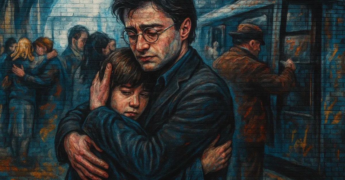 A mural of an older Harry Potter hugging a young boy tightly on a train platform with families embracing in the background and a man closing a carriage door behind them