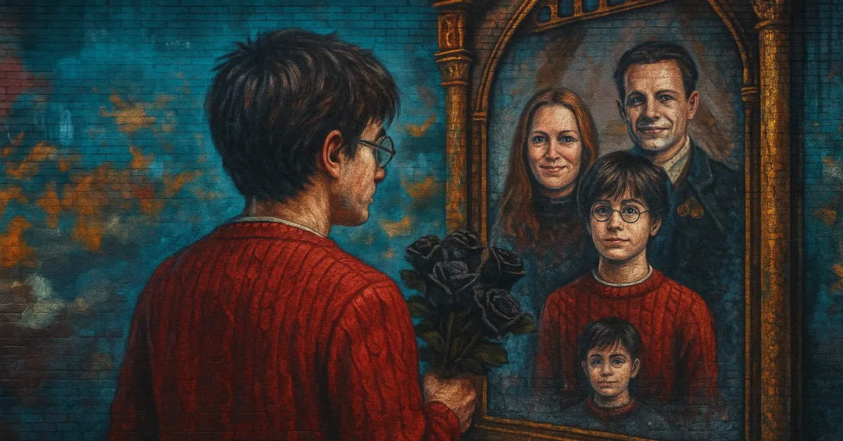 A mural of Harry in a red jumper holding black flowers while facing the Mirror of Erised which reflects his parents and childhood self making the Hogwarts reference instantly recognizable