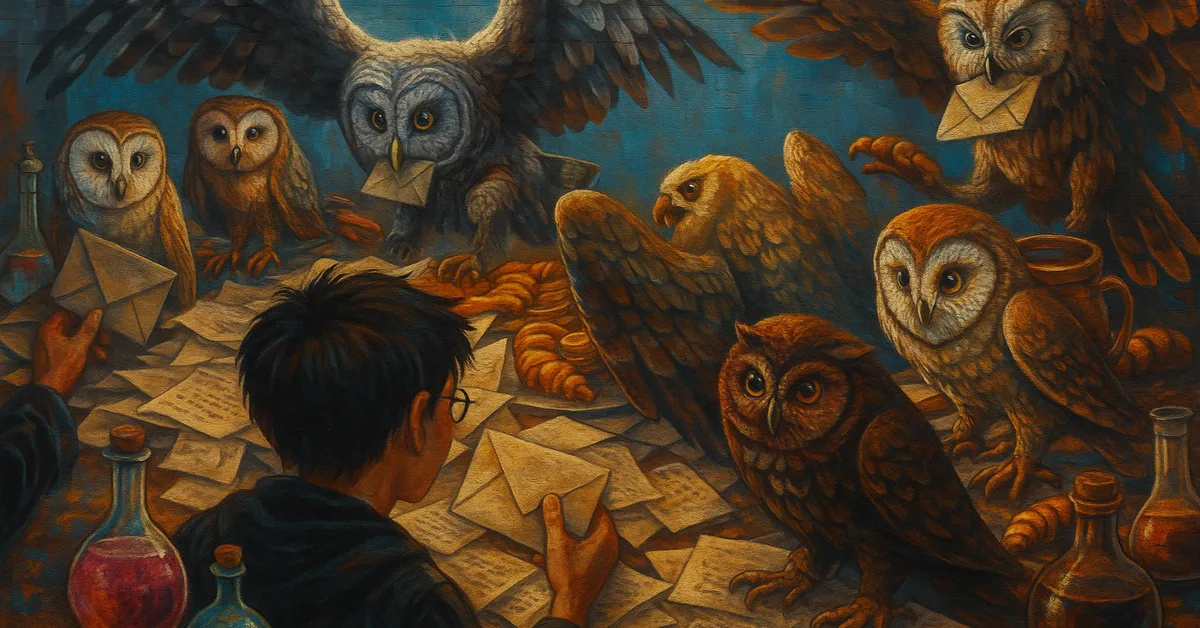 A mural of Harry at a desk surrounded by owls carrying envelopes with potion bottles scattered around him blending owl post imagery with Hogwarts potions work