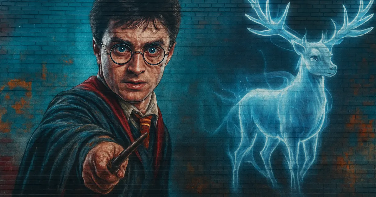 A mural of Harry Potter pointing his wand forward with a glowing blue stag Patronus standing beside him in swirling mist