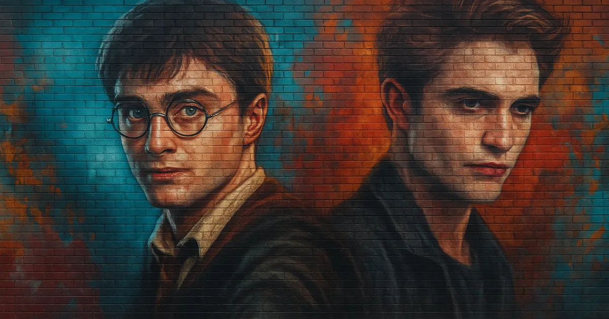A mural of Harry Potter and Edward Cullen standing back to back with contrasting blue and orange backgrounds highlighting the crossover between the wizarding world and the Twilight universe