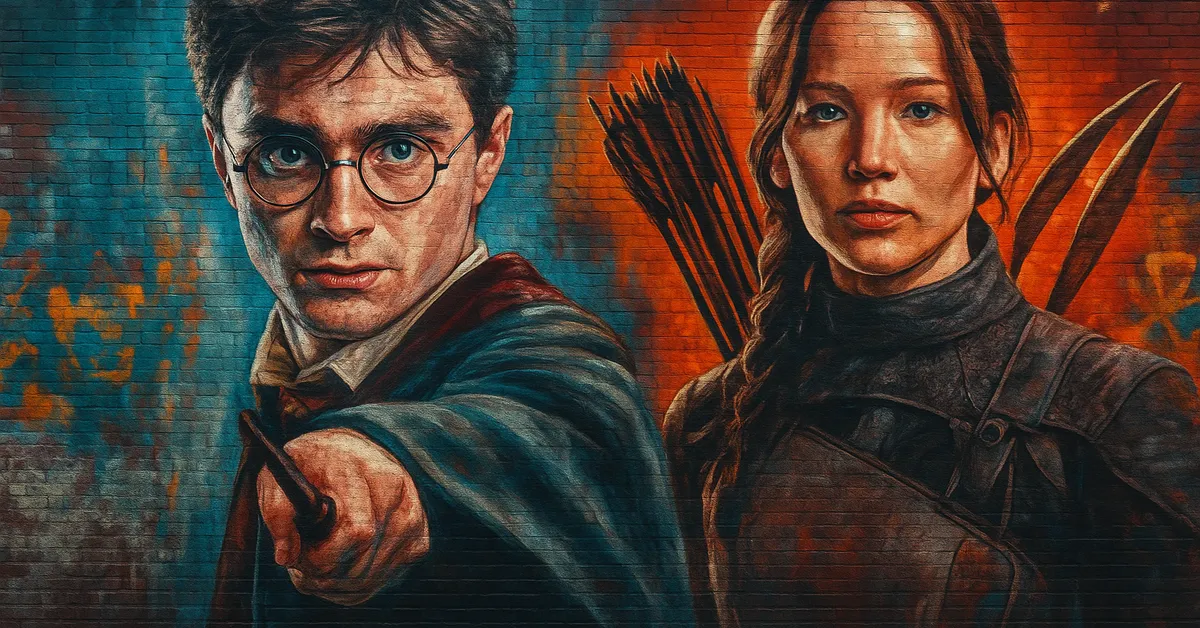 a mural of harry potter pointing his wand next to katniss everdeen holding a bow with fiery colors behind them blending two iconic fantasy heroes into a crossover scene