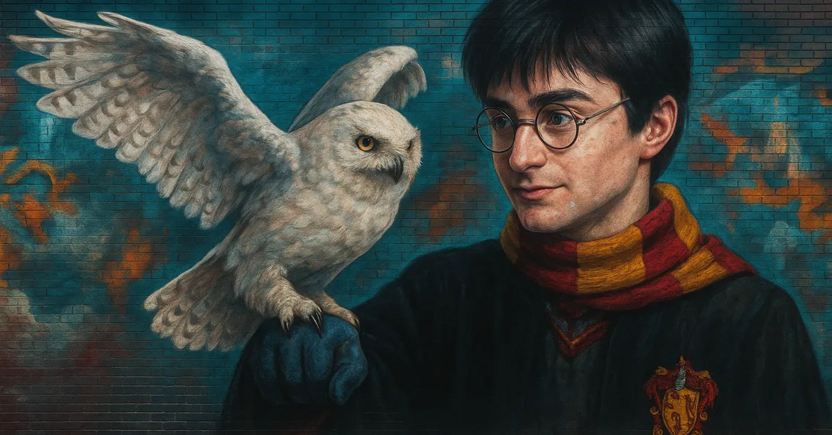 A mural of Harry Potter wearing a Gryffindor scarf and holding Hedwig as she spreads her wings.
