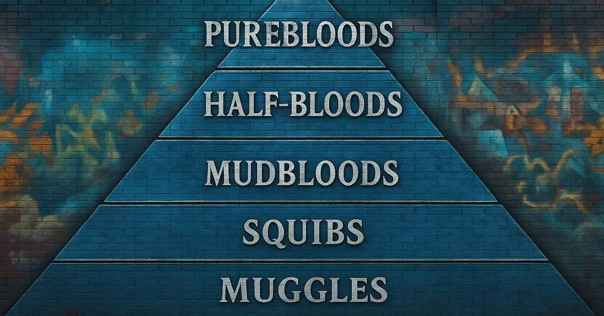 A mural of the magical blood status pyramid showing purebloods, half-bloods, mudbloods, squibs, and muggles.