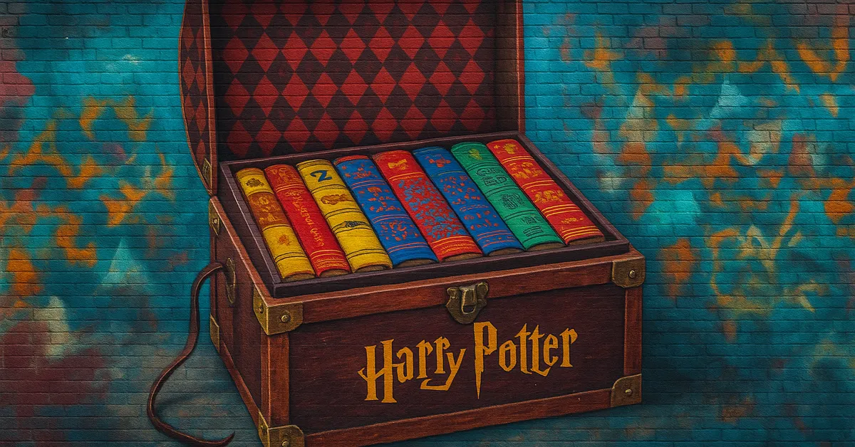A mural of a wooden chest filled with colorful Harry Potter book volumes arranged neatly inside.