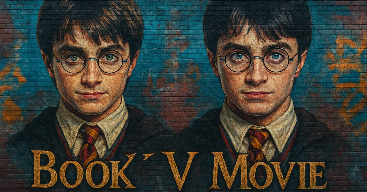 A mural comparing book Harry Potter and movie Harry Potter side by side with identical expressions.