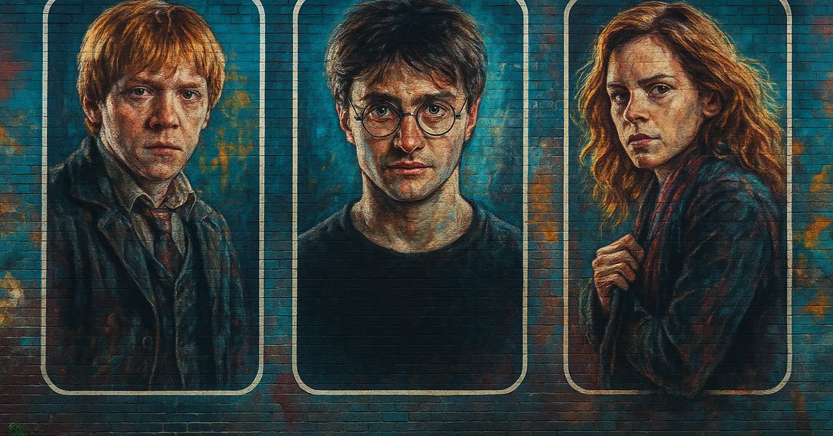 A mural of Ron Weasley, Harry Potter, and Hermione Granger each framed in separate portrait panels.